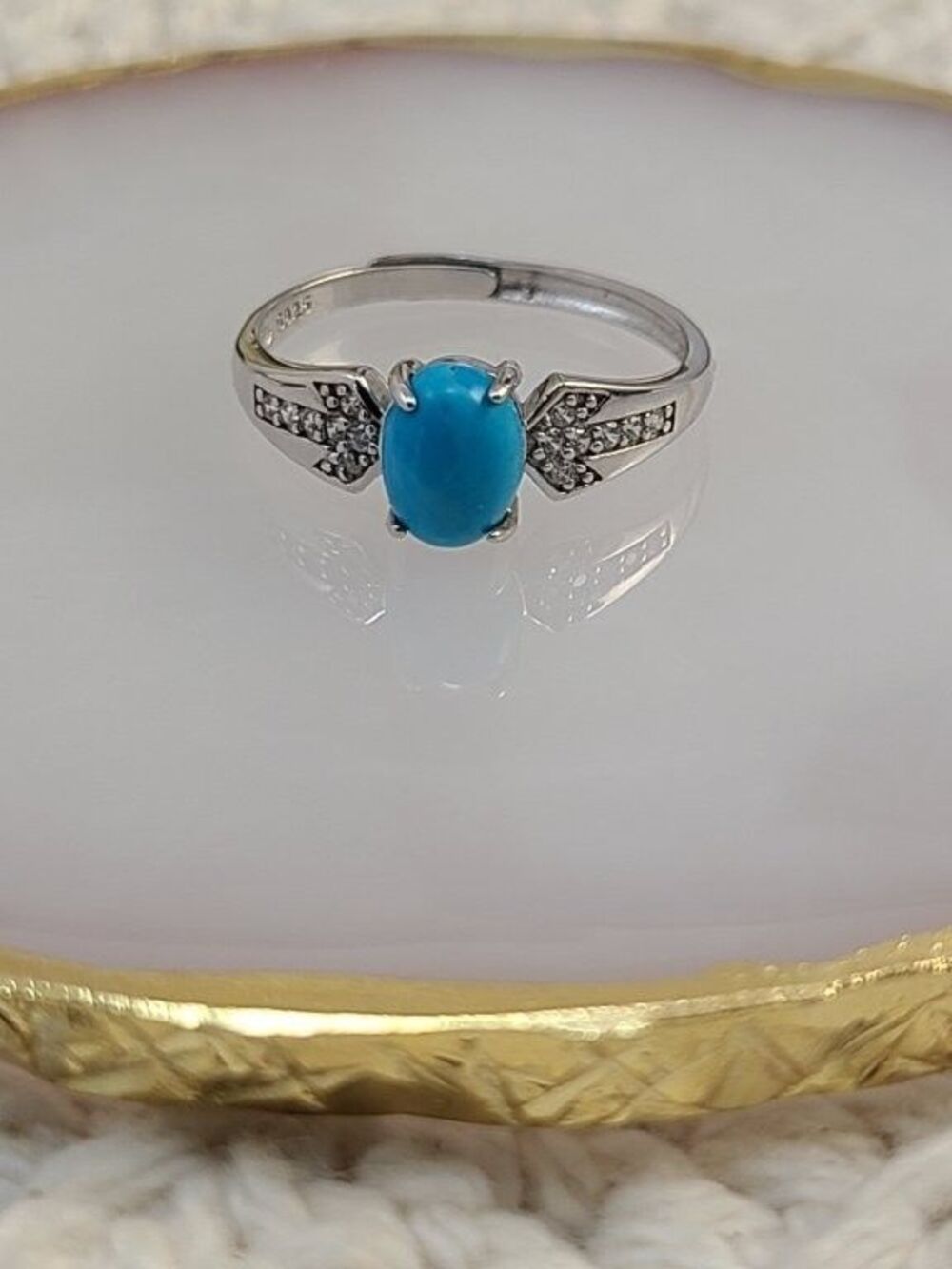 Sterling Silver Turquoise Oval Ring Adjustable Size 9 S925 Blue Gemstone
